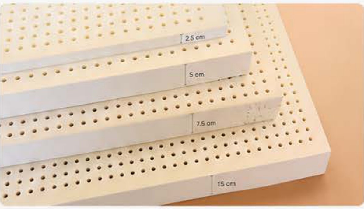 Natural latex mattress cores in 2.5cm, 5cm, 7.5cm and 15cm thicknesses